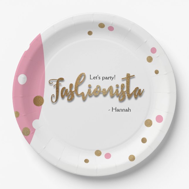 Assiettes En Carton Thème rose d'anniversaire de confettis d'or de (Devant)