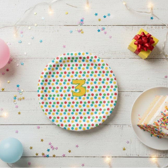 Assiettes En Carton Third Birthday Party Plate with Colorful Polka Dot (Créateur téléchargé)