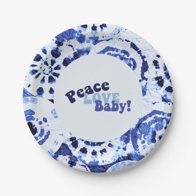 Assiettes En Carton Tie Dye Blue Shibori Peace Love Baby shower (Devant)