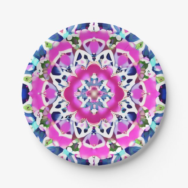 Assiettes En Carton Tie Dye Mandala Motif Denim bleu et rose (Devant)