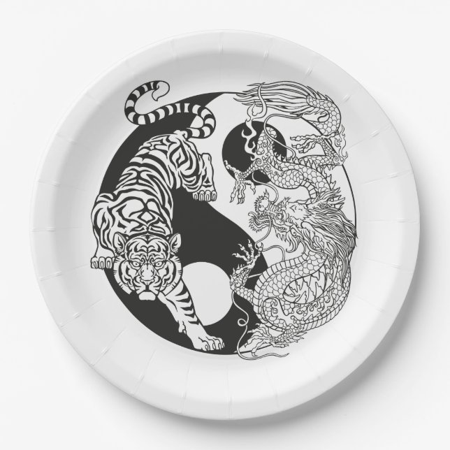Assiettes En Carton Tigre blanc contre dragon vert au Yin yang (Devant)