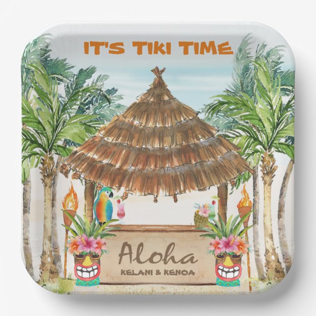 Assiettes En Carton Tiki Luau | Surf Tropical Beach Island (Recto)