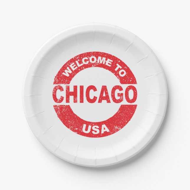 Assiettes En Carton Timbre En Caoutchouc Bienvenue À Chicago USA (Devant)