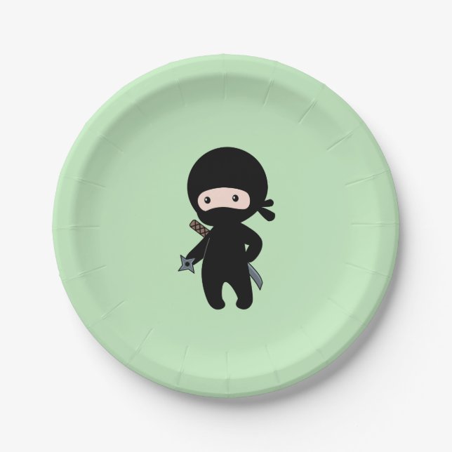 Assiettes En Carton Tiny Ninja Holding Throwing Star sur Green (Devant)