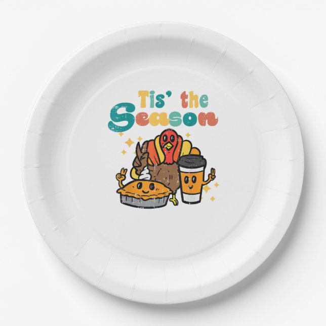 Assiettes En Carton Tis The Season Turkey Coffee Retro Thanksgiving Fa (Devant)
