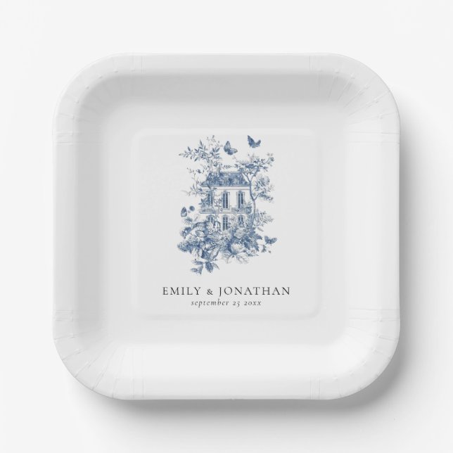 Assiettes En Carton Toile Bleue De Jouy Floral Noms Date Mariage (Recto)