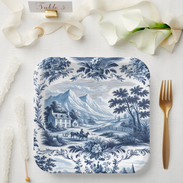 Assiettes En Carton Toile Bleue Pays Français (Mariage)