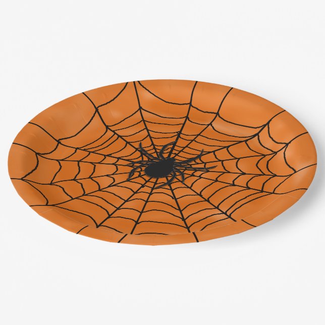Assiettes En Carton Toile d'araignée avec l'araignée Halloween orange (Angle)