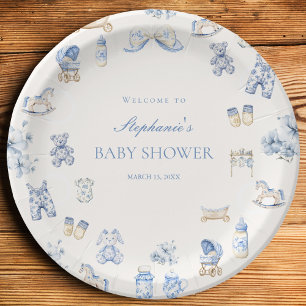Assiettes En Carton Toile De Jouy Baby Shower Nœud Bleu Garçon
