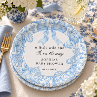 Assiettes En Carton Toile de Jouy Bleue Safari Garçon Baby Shower