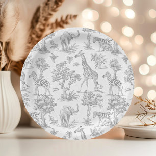 Assiettes En Carton Toile de Jouy Safari animaux Baby shower gris