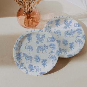 Assiettes En Carton Toile De Jouy Safari Blanc Et Bleu