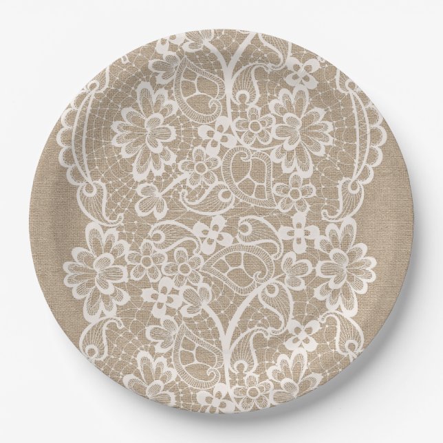 Assiettes En Carton Toile de jute et plaque à papier de dentelle (Devant)