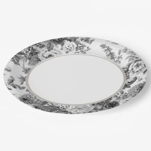 Assiettes En Carton Toile floral vintage gris noir et blanc No.3