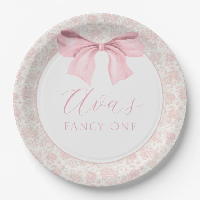 Assiettes En Carton Toile rose Bow Plaques de papier d'anniversaire (Devant)