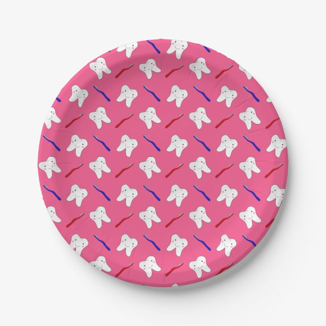 Assiettes En Carton Toothburshes et motif roses mignons de dents (Devant)