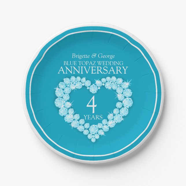 Assiettes En Carton Topaz bleu Anniversaire coeur 4 ans plaque papier (Devant)