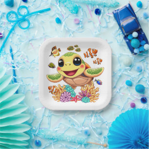 Assiettes En Carton Tortue de mer Bébé heureux et mignonne personnage