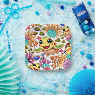 Assiettes En Carton Tortue de mer Bébé heureux et mignonne personnage