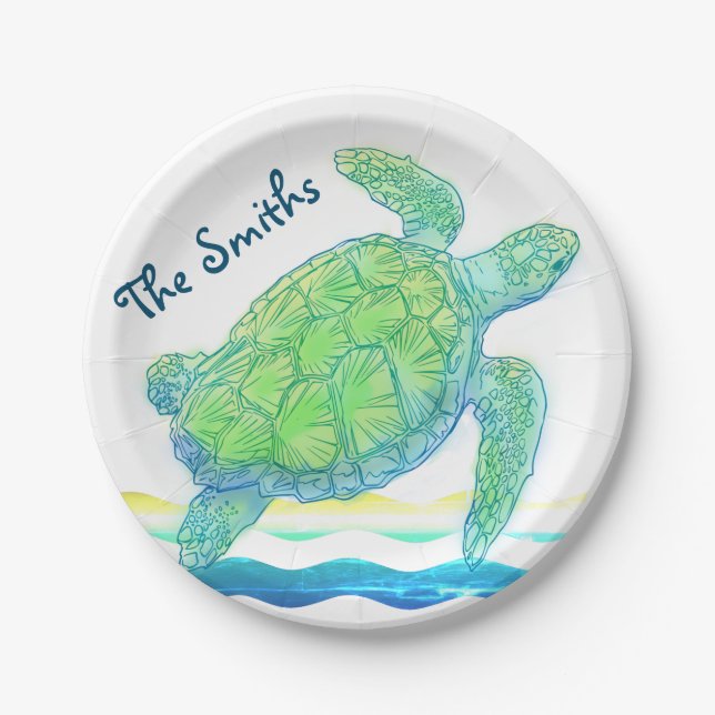 Assiettes En Carton Tortue de mer bleue et verte (Devant)