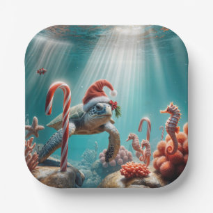 Assiettes En Carton Tortue de mer de Noël avec des cannes à bonbon