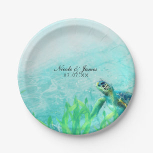 Assiettes En Carton Tortue de mer Océan Plage Art Élégant Mariage Sur