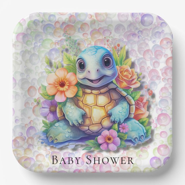 Assiettes En Carton Tortue Florale Et Baby shower De Bulles (Recto)