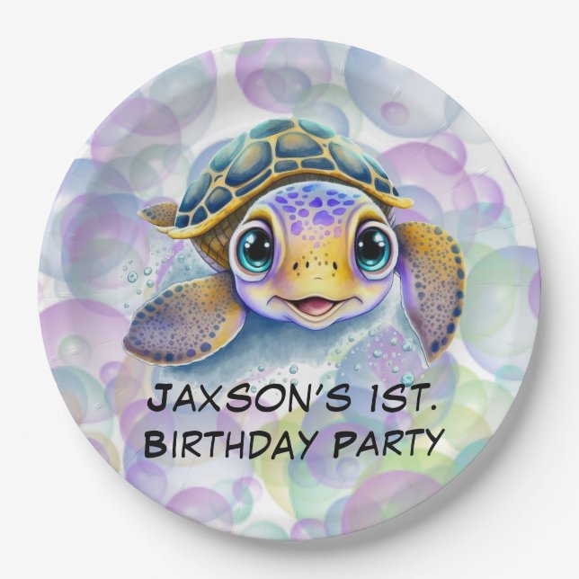 Assiettes En Carton Tortue mignonne avec bulles 1er. Fête d'anniversai (Devant)