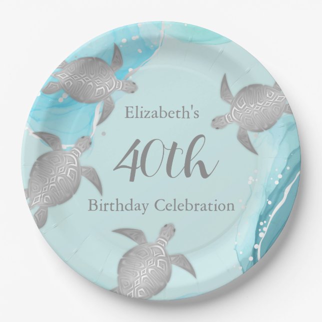 Assiettes En Carton Tortues de mer d'argent encre bleue | Anniversaire (Devant)