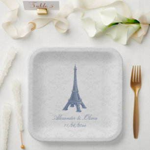 Assiettes En Carton Tour Eiffel bleu Mariage damassé Douche