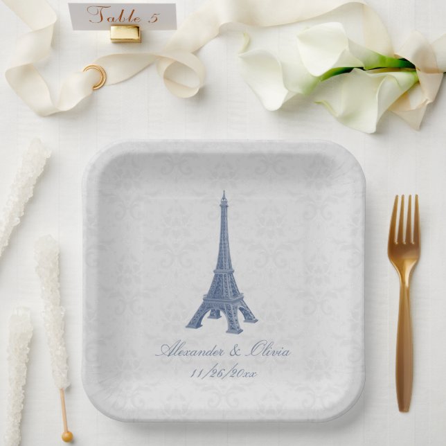 Assiettes En Carton Tour Eiffel bleu Mariage damassé Douche (Mariage)