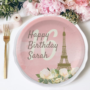 Assiettes En Carton Tour Eiffel en or rose pour un 16ème anniversaire
