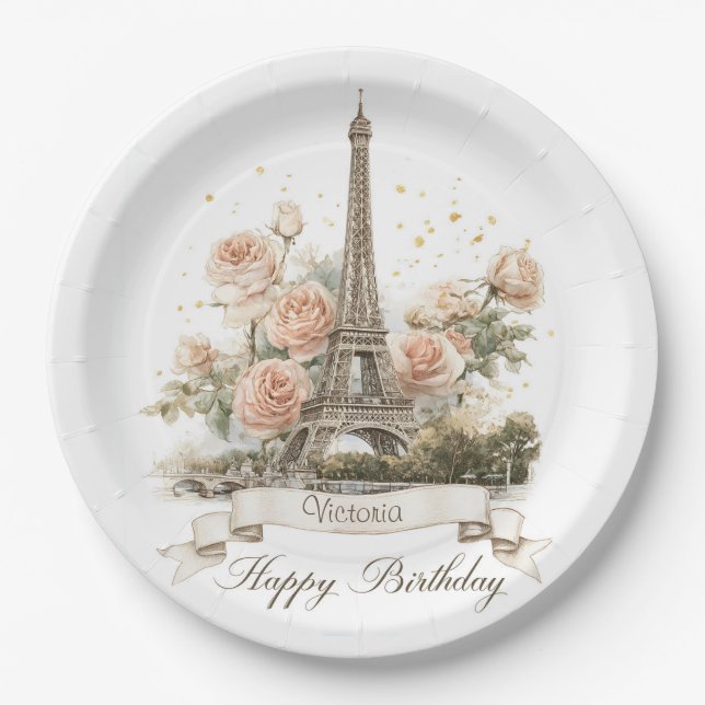 Assiettes En Carton Tour Eiffel "Joyeux anniversaire" avec nom personn (Devant)