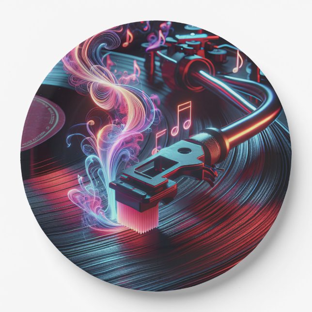 Assiettes En Carton Tourne-disque de néon avec disque vinyle (Devant)