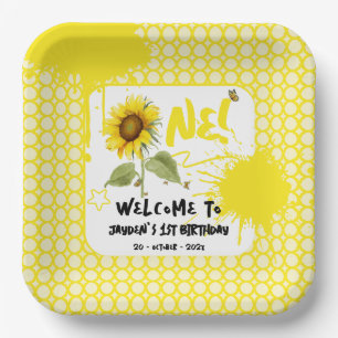 Assiettes En Carton Tournesol à l'aquarelle avec papillons 1er anniver