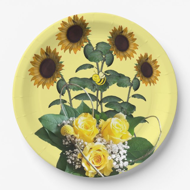 Assiettes En Carton Tournesol Bumblebee Yellow Roses Plaques en papier (Devant)