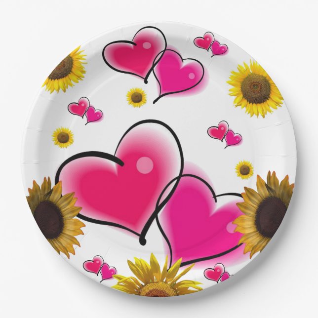 Assiettes En Carton Tournesol Coeurs roses Plaques en papier (Devant)