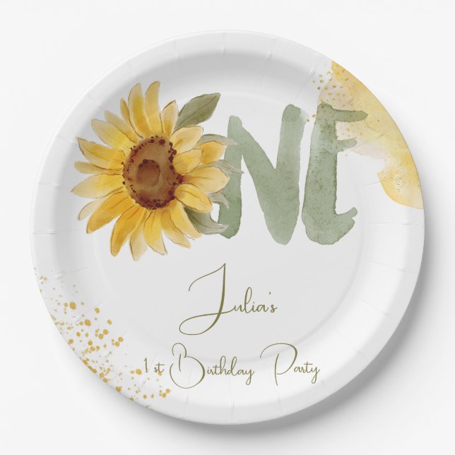 Assiettes En Carton Tournesol d'aquarelle premier anniversaire (Devant)