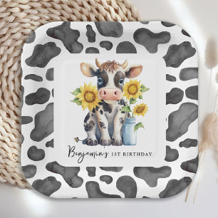 Assiettes En Carton Tournesol de vache mignonne Ferme moderne Animal 1