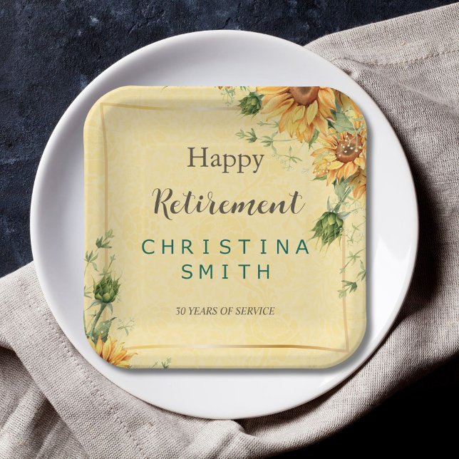 Assiettes En Carton Tournesol Elegant Watercolor Retraite Party (Sunflower Elegant Watercolor Retirement Party Paper Plates)