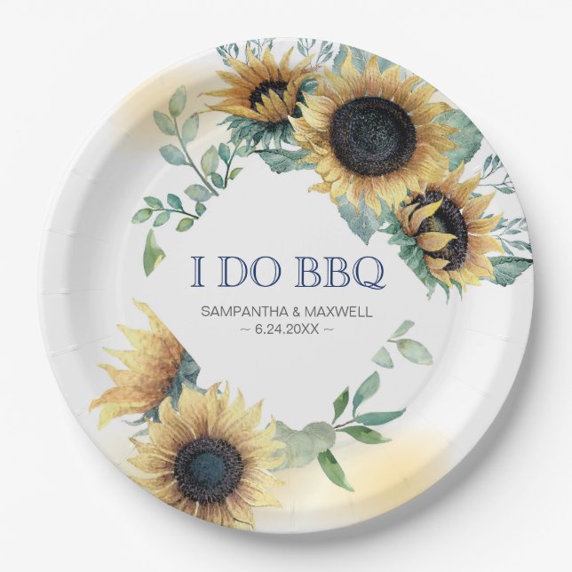 Assiettes En Carton Tournesol et bleu marine I Do BBQ (Devant)