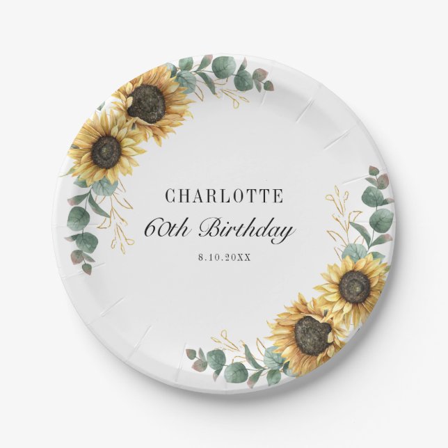 Assiettes En Carton Tournesol floral Eucalyptus 60e anniversaire (Devant)