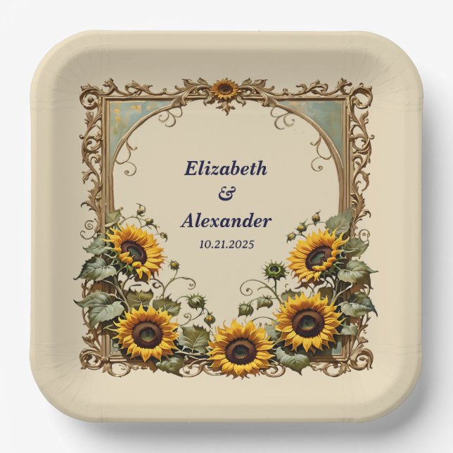 Assiettes En Carton Tournesol jaune avec cadre d'art mariage (Recto)