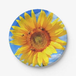 Assiettes En Carton Tournesol jaune et abeilles sur le ciel bleu - Jou