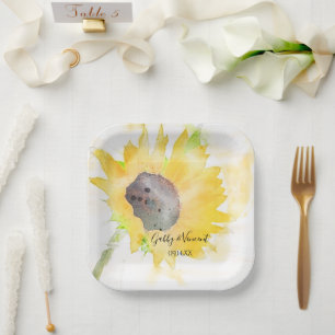 Assiettes En Carton Tournesol jaune sur Mariage d'aquarelle blanche