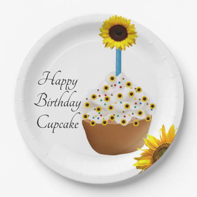 Assiettes En Carton Tournesol Joyeux Anniversaire Cupcake Plaques de p (Devant)