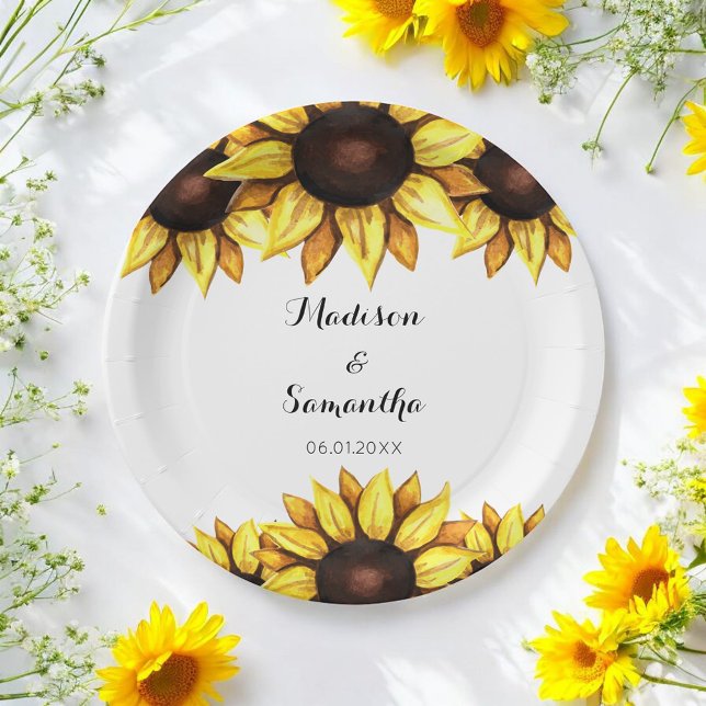 Assiettes En Carton Tournesol Mariage Aquarelle jaune Plaques de papie (Créateur téléchargé)
