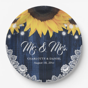 Assiettes En Carton Tournesol Mariage Fleur de Lac en Bois Bleu Marine