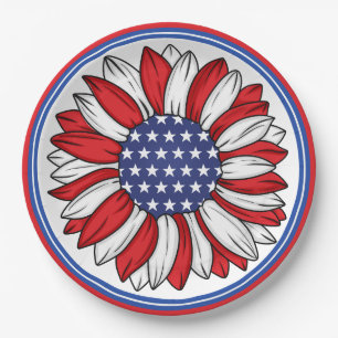 Assiettes En Carton Tournesol patriotique rouge, blanc