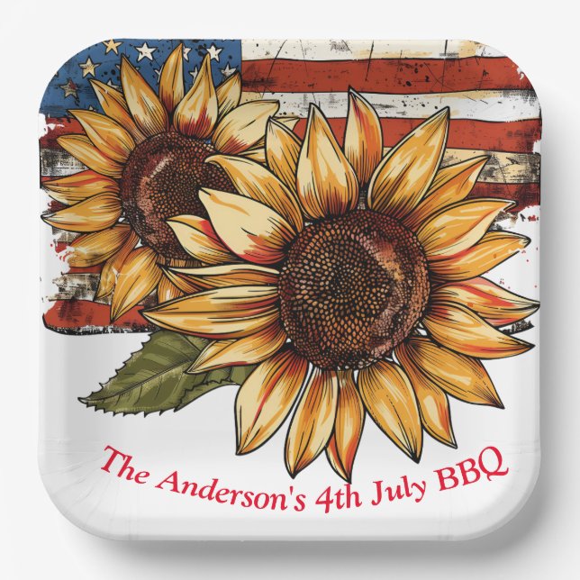 Assiettes En Carton Tournesol Personnalisé 4 Juillet (Recto)